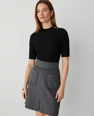 Ann Taylor Petite Essential Button Mock Neck Sweater T-Shirt Black Women's