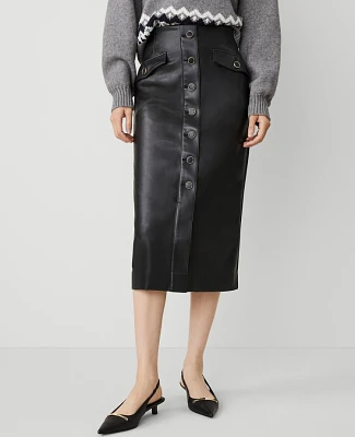 Ann Taylor Faux Leather Button Front Pencil Skirt Size 0 Black Women's