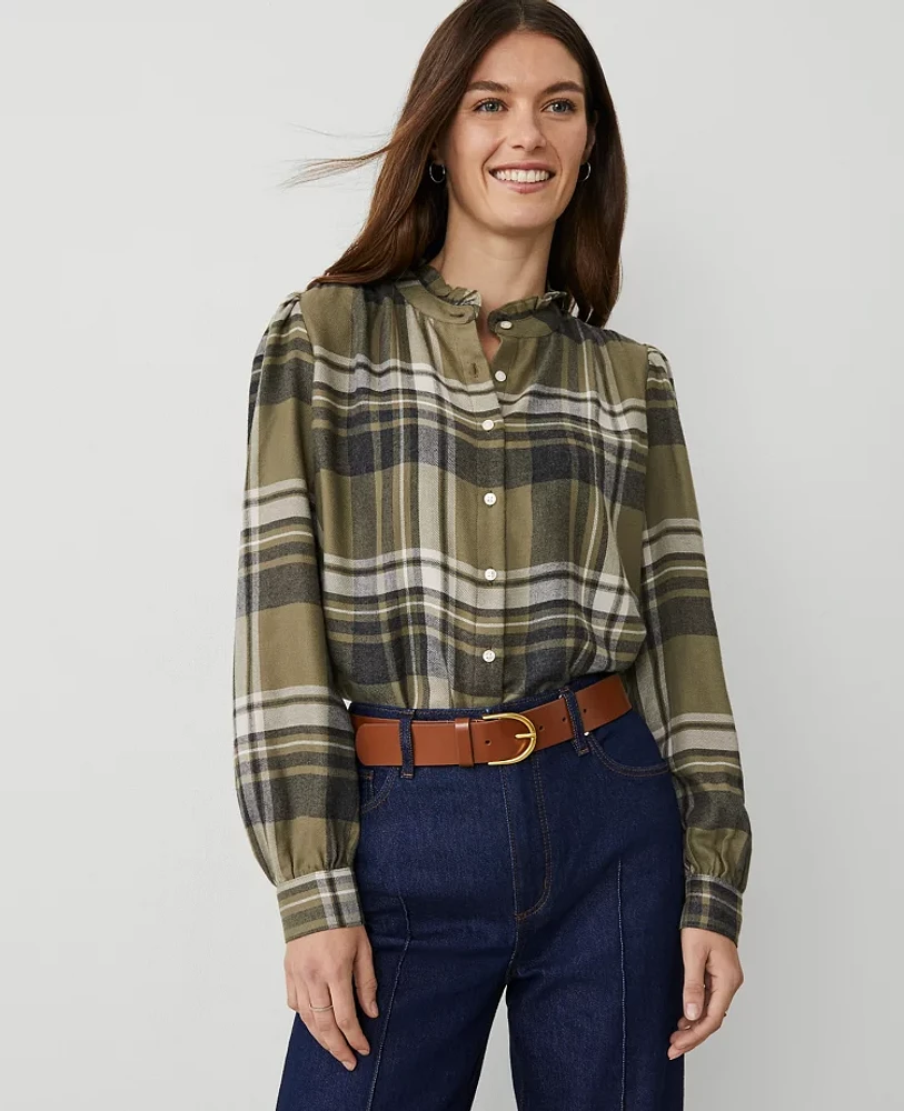 Ann Taylor Weekend Collection Plaid Ruffle Neck Flannel Shirt Olive Multi Women's