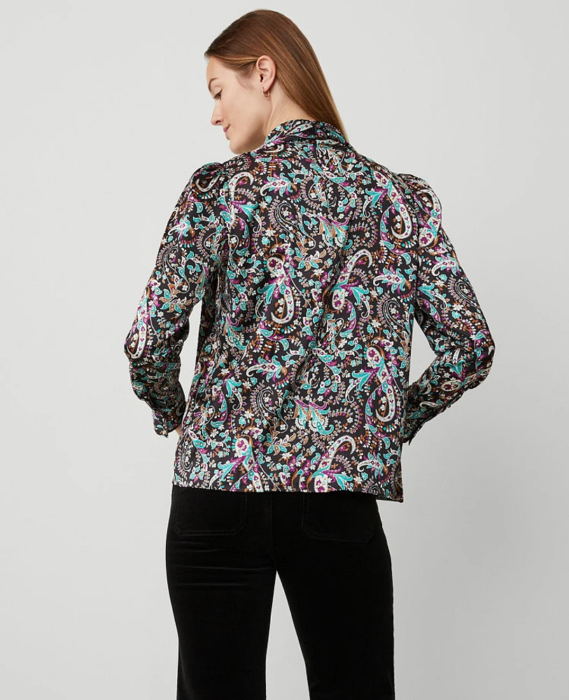 Ann Taylor Petite Paisley Mock Tie Neck Puff Sleeve Top Black Women's