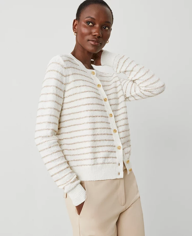 Ann Taylor Sequin Striped Cardigan Camel/White Combo Women's