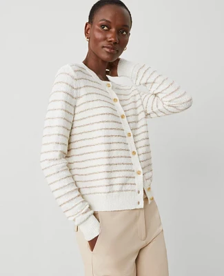 Ann Taylor Sequin Striped Cardigan Camel/White Combo Women's