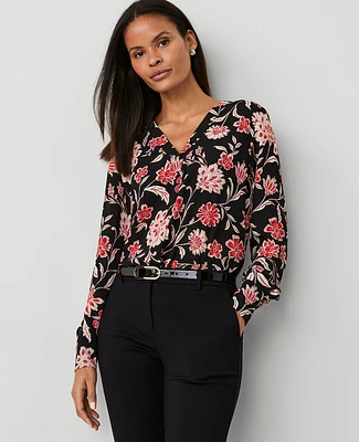 Ann Taylor Petite Floral Mixed Media Pleat Front Top Size 2XS Black Women's