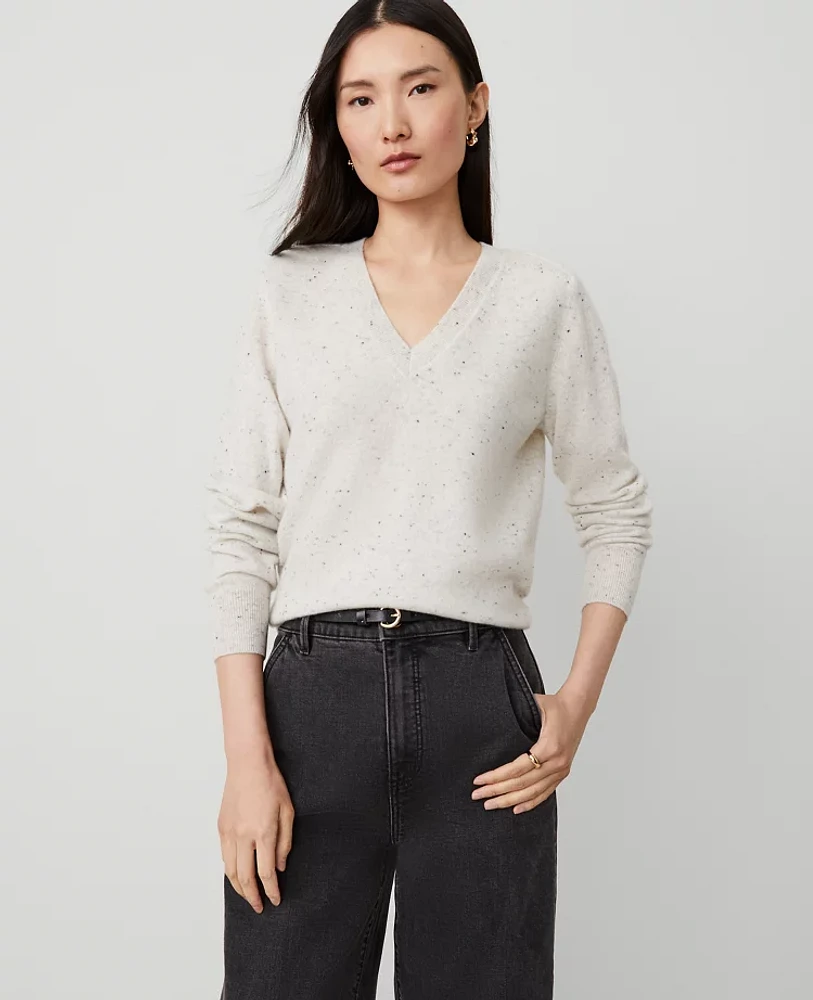 Ann Taylor Cashmere V-Neck Sweater Cream Speckle Women's