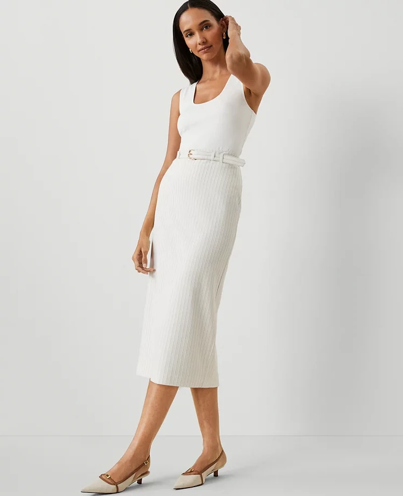 Ann Taylor Pinstripe Belted Midi Pencil Skirt Size 14 Dusty Ivory Melange Women's