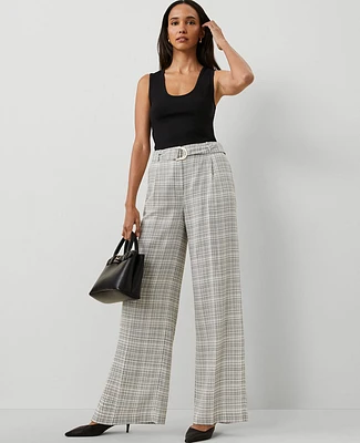 Ann Taylor The Belted Pleated Wide-Leg Pant Plaid Ivory Multi Women's