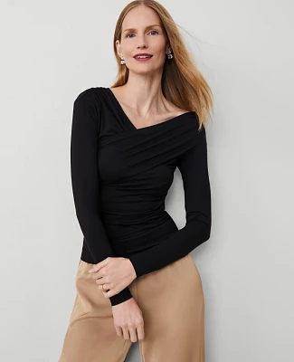 Ann Taylor Asymmetric Ruched Top Size Large Black Women's