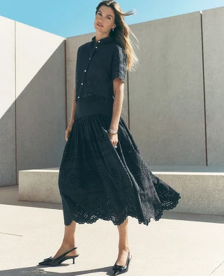 Ann Taylor Eyelet Yoke Midi Skirt Black Women's