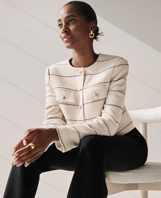 Ann Taylor Petite Striped Tweed Crew Neck Jacket Size 12 Winter White Women's