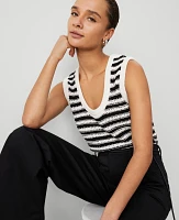 Ann Taylor Weekend Collection Striped Open-Stitch Sweater Shell Top Black/White Combo Women's