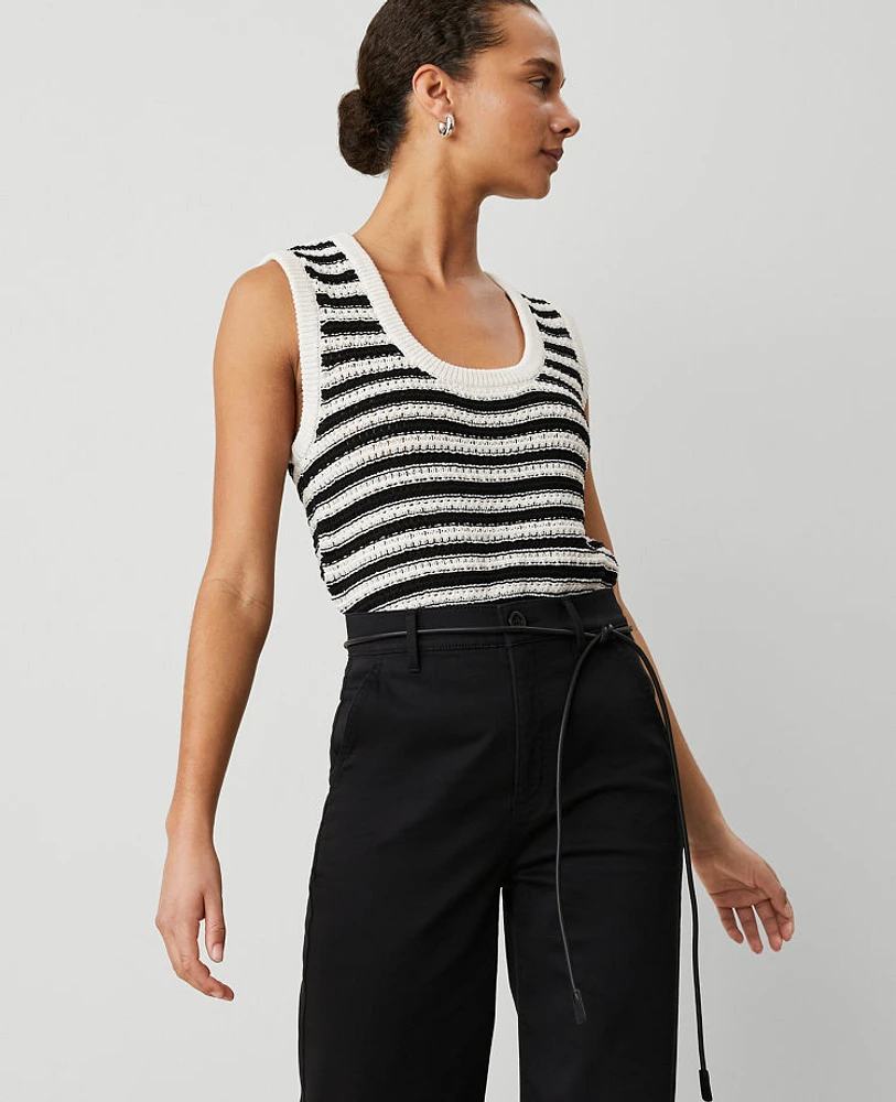 Ann Taylor Weekend Collection Striped Open-Stitch Sweater Shell Top Black/White Combo Women's