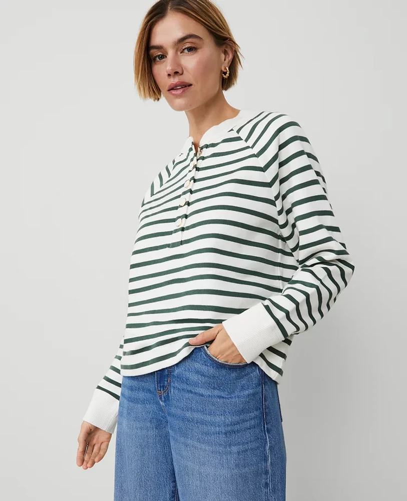 Ann Taylor Petite Weekend Collection Striped Henley Sweatshirt Dried Cilantro Women's