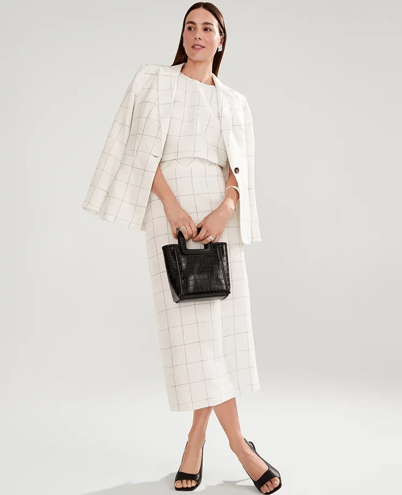 Ann Taylor The Clean Midi Skirt Windowpane Linen Blend White/Black Multi Women's