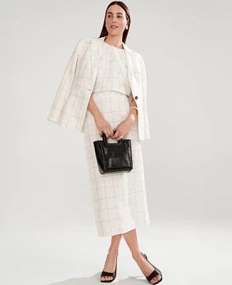 Ann Taylor The Clean Midi Skirt Windowpane Linen Blend White/Black Multi Women's