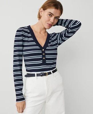 Ann Taylor Weekend Collection Striped Puff Sleeve Henley Top Night Sky Women's