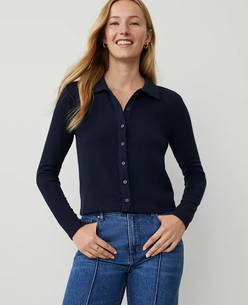 Ann Taylor Petite Weekend Collection Cropped Button-Down Top Size Medium Night Sky Women's