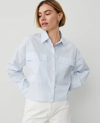 Ann Taylor Weekend Collection Striped Oversized Cropped Pocket Shirt Blue Quartz Women's