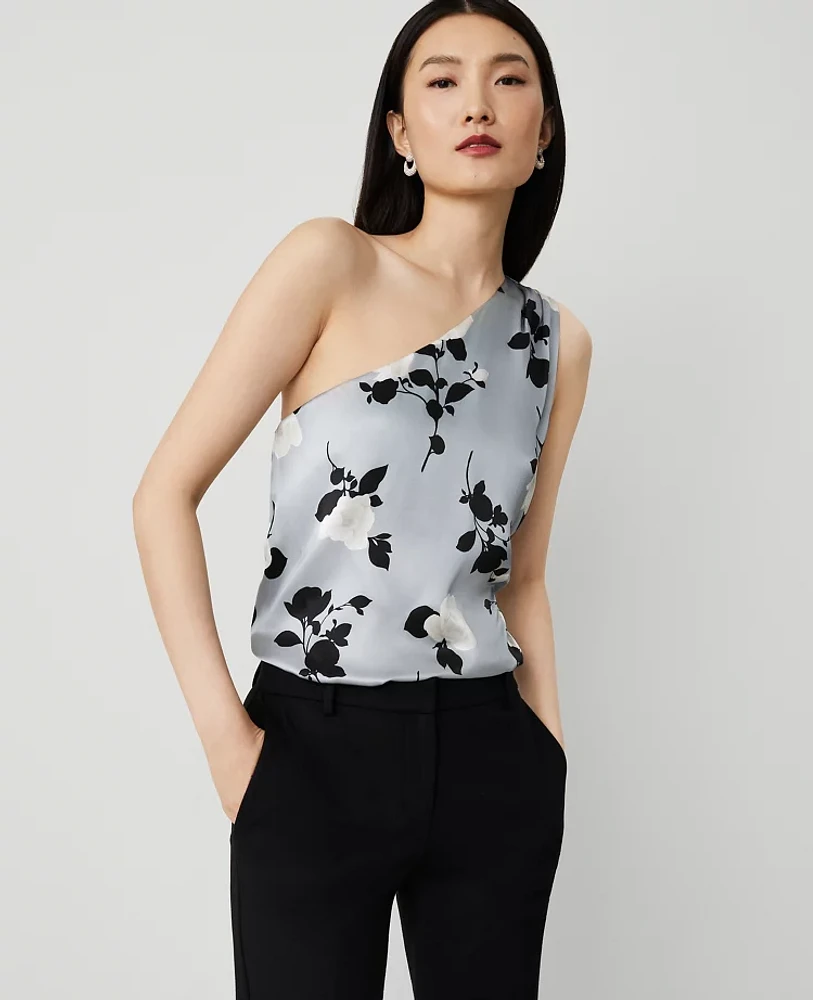Ann Taylor Studio Collection Rose Garden Silk One-Shoulder Top Silver Mist Women's