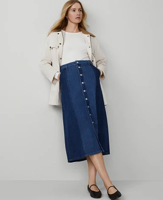 Ann Taylor Petite Weekend Collection Colorblock Denim Midi Skirt Size 00 Vintage Two Tone Wash Women's