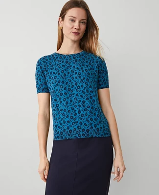 Ann Taylor Floral Sweater T-Shirt Size XS Gulf Blue Women's