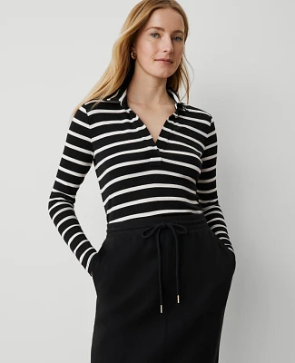 Ann Taylor Weekend Collection Striped Polo Popover Top Size XS Black Women's