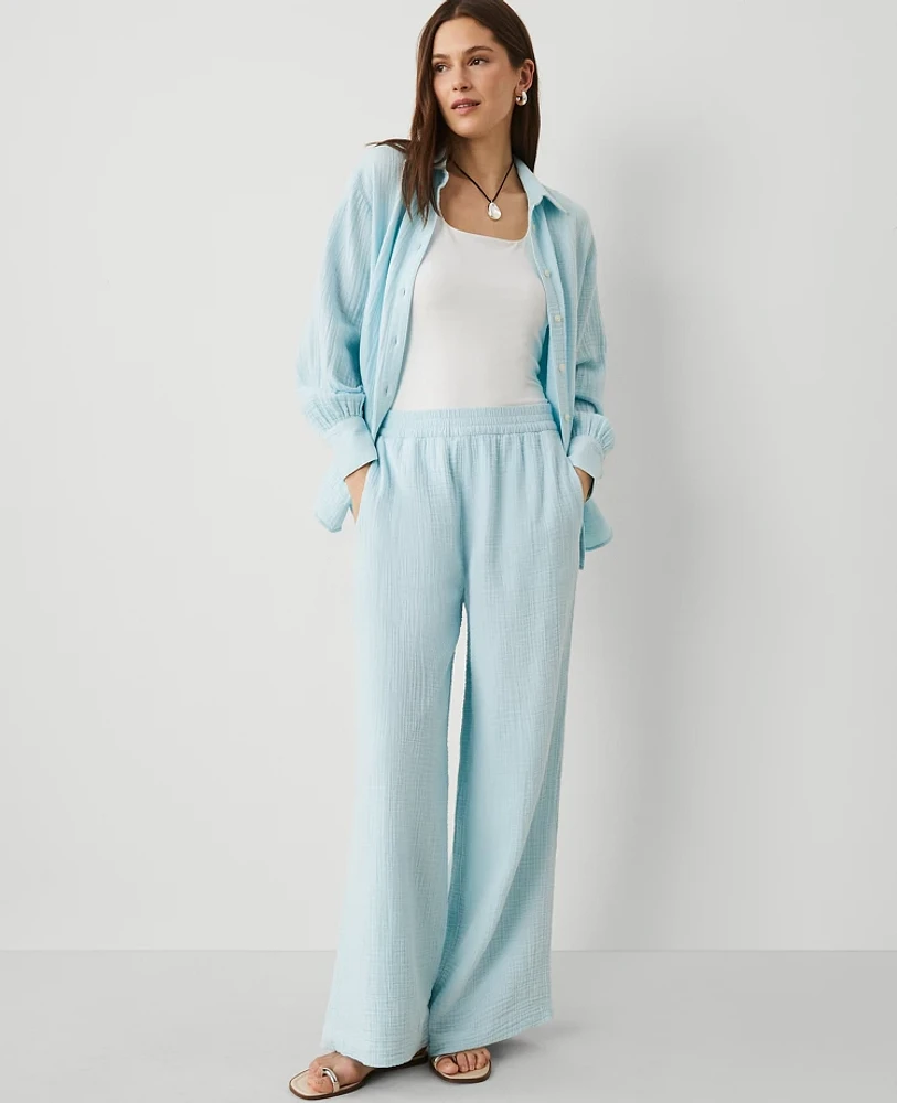 Ann Taylor The Pull-On Wide-Leg Pant in Triple Cloth Size Large Blue Glow Women's