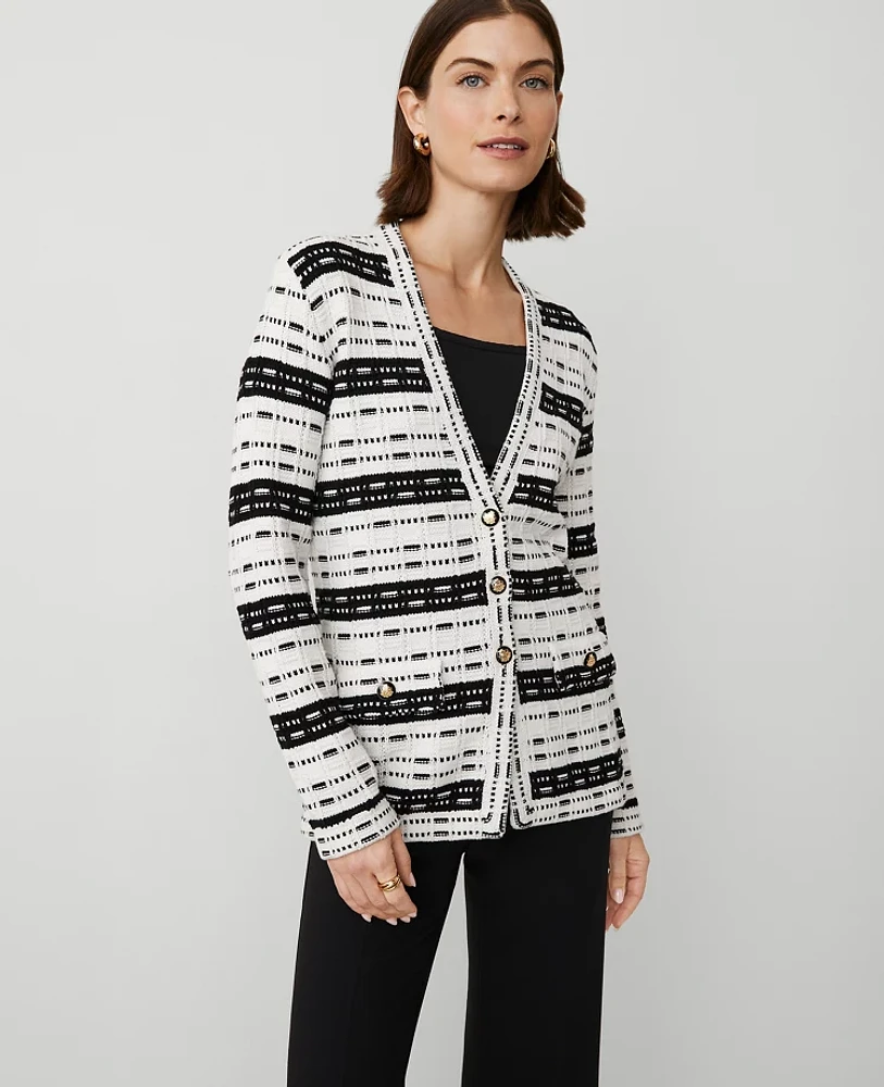 Ann Taylor Petite Striped Tweed Sweater Jacket White/Black Multi Women's