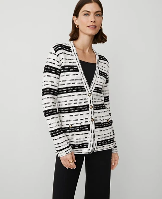 Ann Taylor Petite Striped Tweed Sweater Jacket White/Black Multi Women's