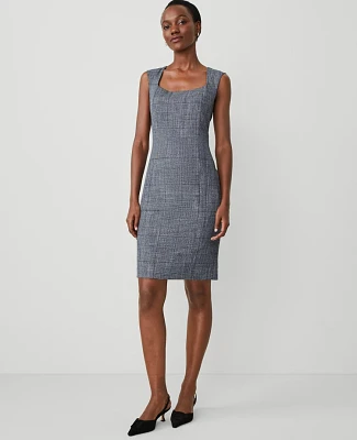 Ann Taylor The Petite Square Neck Sheath Dress in Plaid Size 10 Navy/White Combo Women's