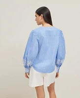 Ann Taylor Striped Embroidered V-Neck Popover Top Blue / White Women's