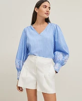 Ann Taylor Striped Embroidered V-Neck Popover Top Blue / White Women's