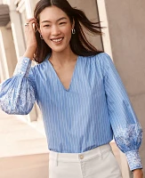 Ann Taylor Striped Embroidered V-Neck Popover Top Blue / White Women's
