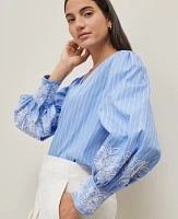 Ann Taylor Striped Embroidered V-Neck Popover Top Blue / White Women's