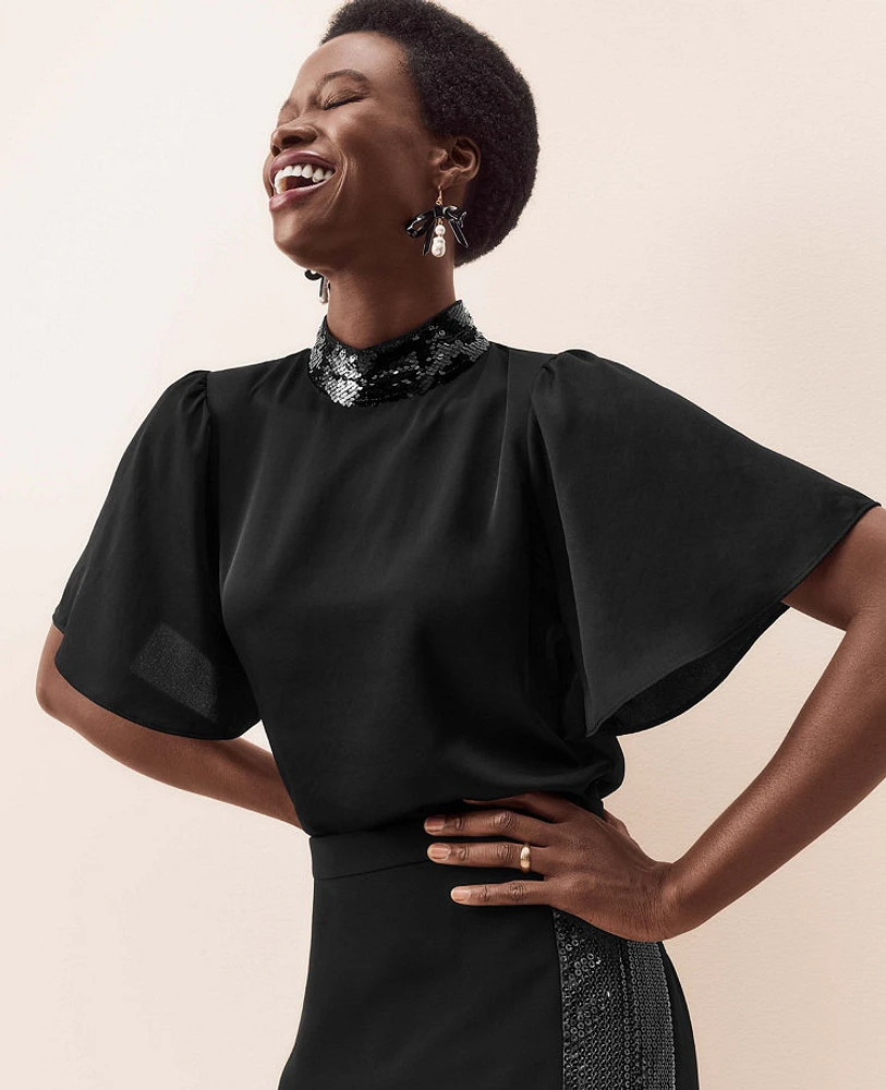 Ann Taylor Petite Sequin Paneled Side Slit Midi Skirt Size 00 Black Women's