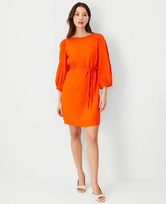 Ann Taylor Petite Linen Blend Puff Sleeve Belted Shift Dress Size 00 Flame Azalea Women's