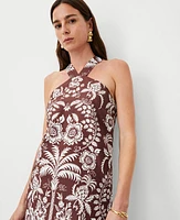 Ann Taylor Petite Palm Cotton Linen Halter Dress Size 00 Brown Stone Women's