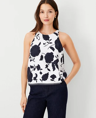 Ann Taylor Petite Floral Border Linen Blend Halter Top Size 2XS Night Sky Women's