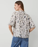 Ann Taylor Paisley Clip Ruffle Split Neck Popover Top Size XS Winter White-Baguette Women's