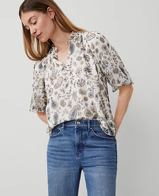 Ann Taylor Paisley Clip Ruffle Split Neck Popover Top Size XS Winter White-Baguette Women's