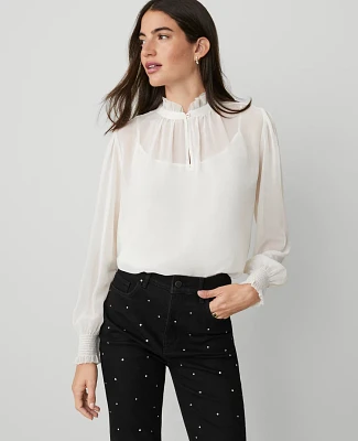 Ann Taylor Chiffon Ruffle Popover Top Size XL Winter White Women's