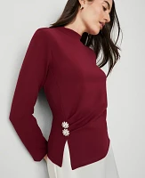 Ann Taylor Jewel Button Waist Mock Neck Top Size XS Rich Mulberry Women's