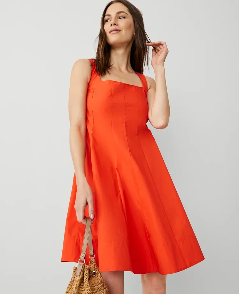 Ann Taylor Square Neck Seamed Flare Dress Deep Flame Orange Women's