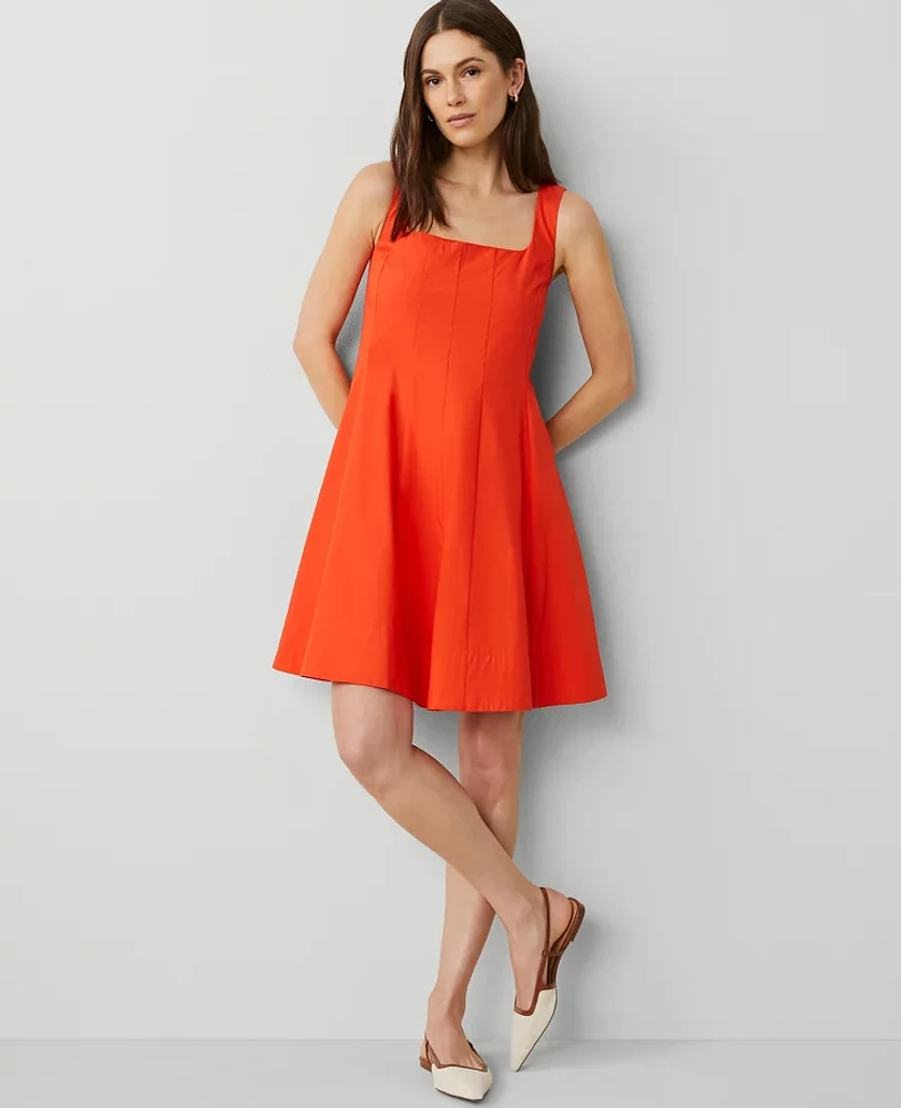 Ann Taylor Square Neck Seamed Flare Dress Deep Flame Orange Women's