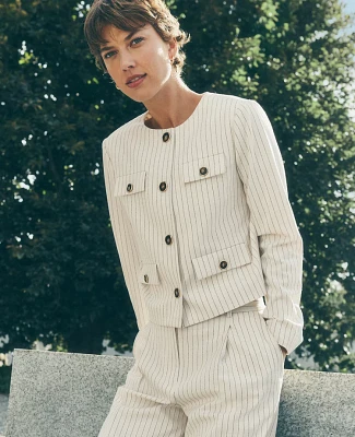 Ann Taylor Pinstripe Crew Neck Jacket Dusty Ivory Melange Women's