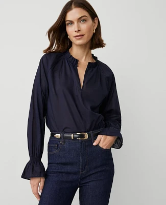 Ann Taylor Ruffle Raglan Popover Top Size XS Night Sky Women's