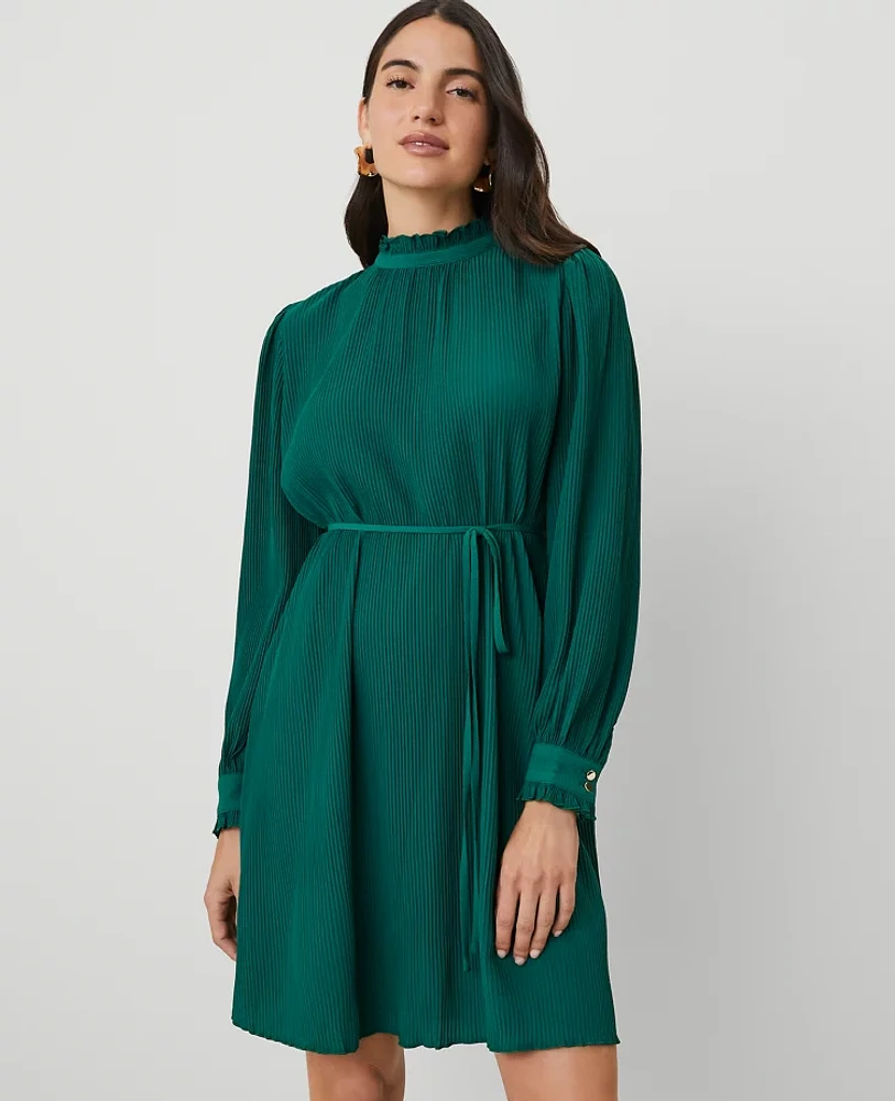 Ann Taylor Plisse Belted Shift Dress Fresh Evergreen Women's