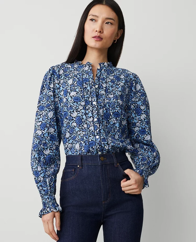 Ann Taylor Floral Cutout Smocked Cuff Blouse Dark Periwinkle Women's
