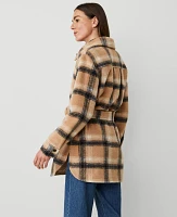 Ann Taylor Petite Weekend Collection Plaid Belted Shacket Cafe Au Lait Women's