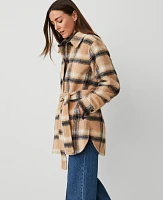 Ann Taylor Petite Weekend Collection Plaid Belted Shacket Cafe Au Lait Women's