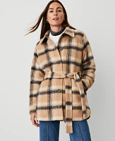 Ann Taylor Petite Weekend Collection Plaid Belted Shacket Cafe Au Lait Women's